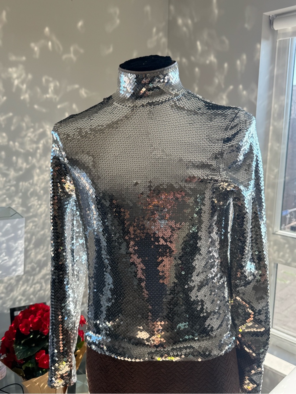 Paco Rabanne Silver Sequin Long-Sleeve Turtleneck Shirt